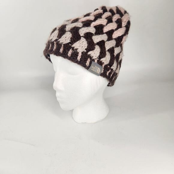 The North Face Alpaca Wool Chunky Knit Beanie Hat Women Brown Pink Hand Knit - Picture 1 of 6